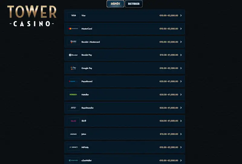 Méthodes de dépôt de Towercasino.com